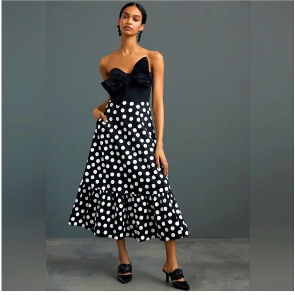 NWT Anthropologie Hutch Dress Bow-Tie Strapless Midi Polka Dot Black White SZ 00